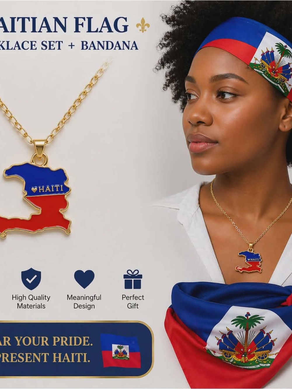 Haitian Flag Map Pendant Necklace - Gold with Blue & Red Enamel